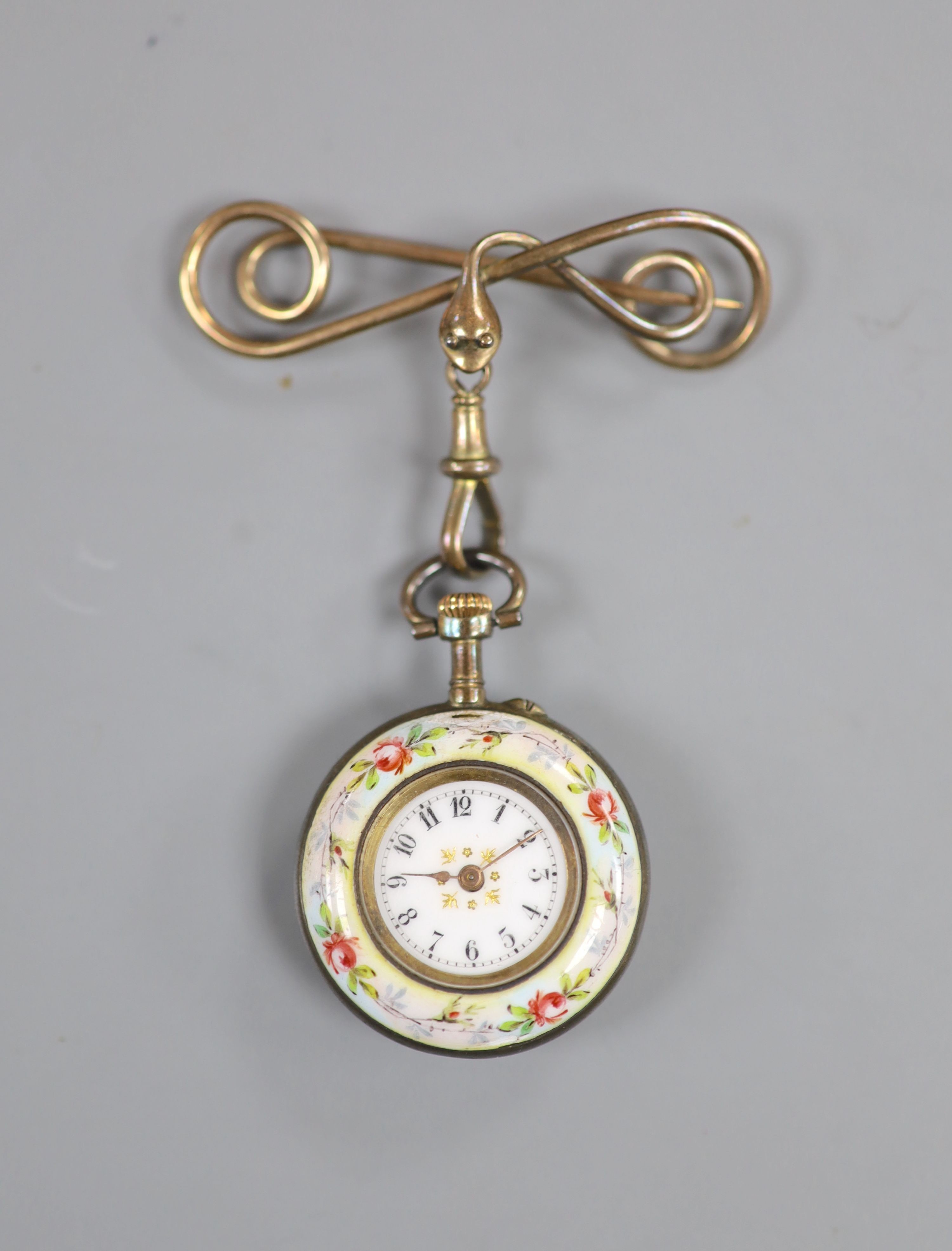 An early 20th century continental sterling and enamel open face fob watch, on a gilt metal serpent suspension brooch.